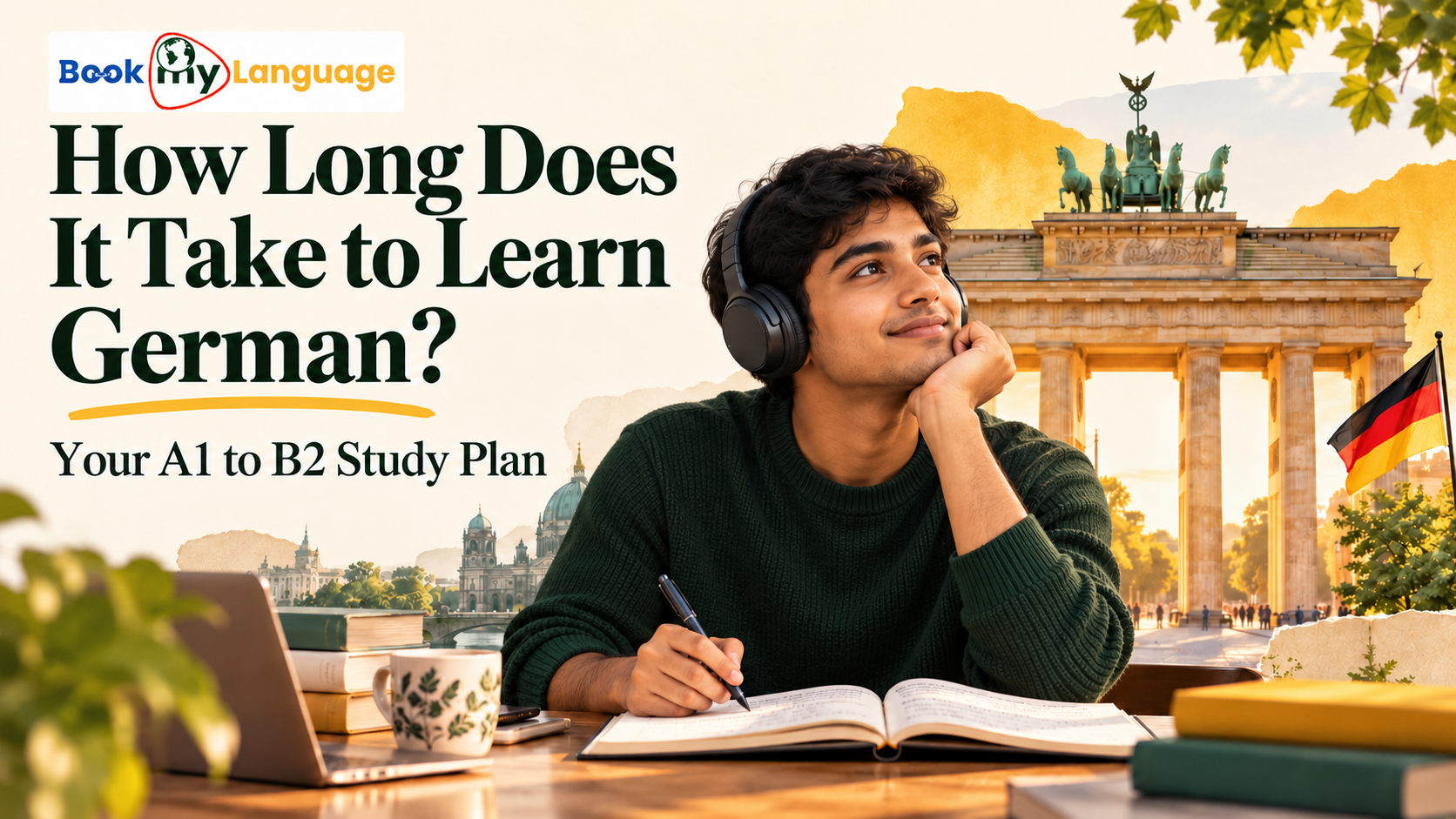 Young adult male German learner with a notebook and headphones, with Berlin’s Brandenburg Gate in the background