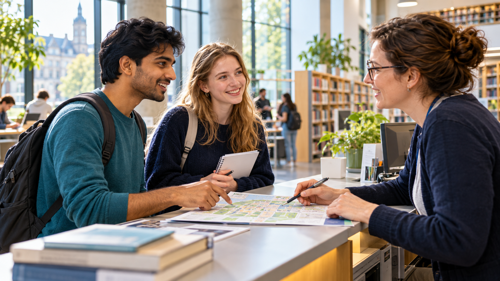 International students practising everyday German with a university librarian